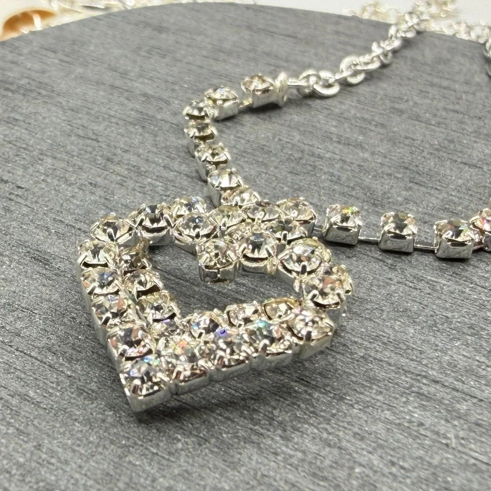 Rhinestone Double Heart Pendant Necklace Silver Tone Sparkly Costume Jewelry